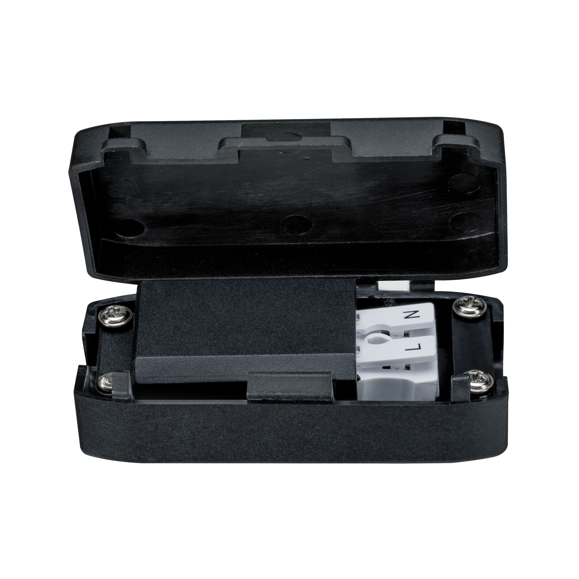 Black plastic housing with open lid showing white terminal blocks for LED lighting connection.