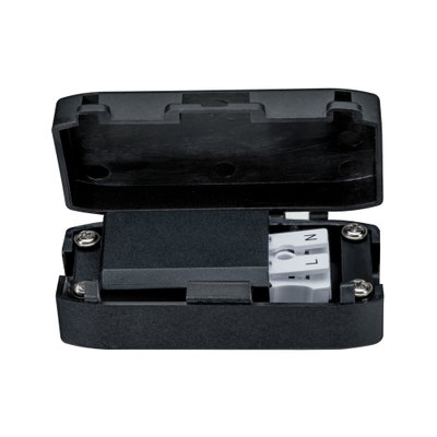 Black plastic housing with open lid and visible screws for electrical connection