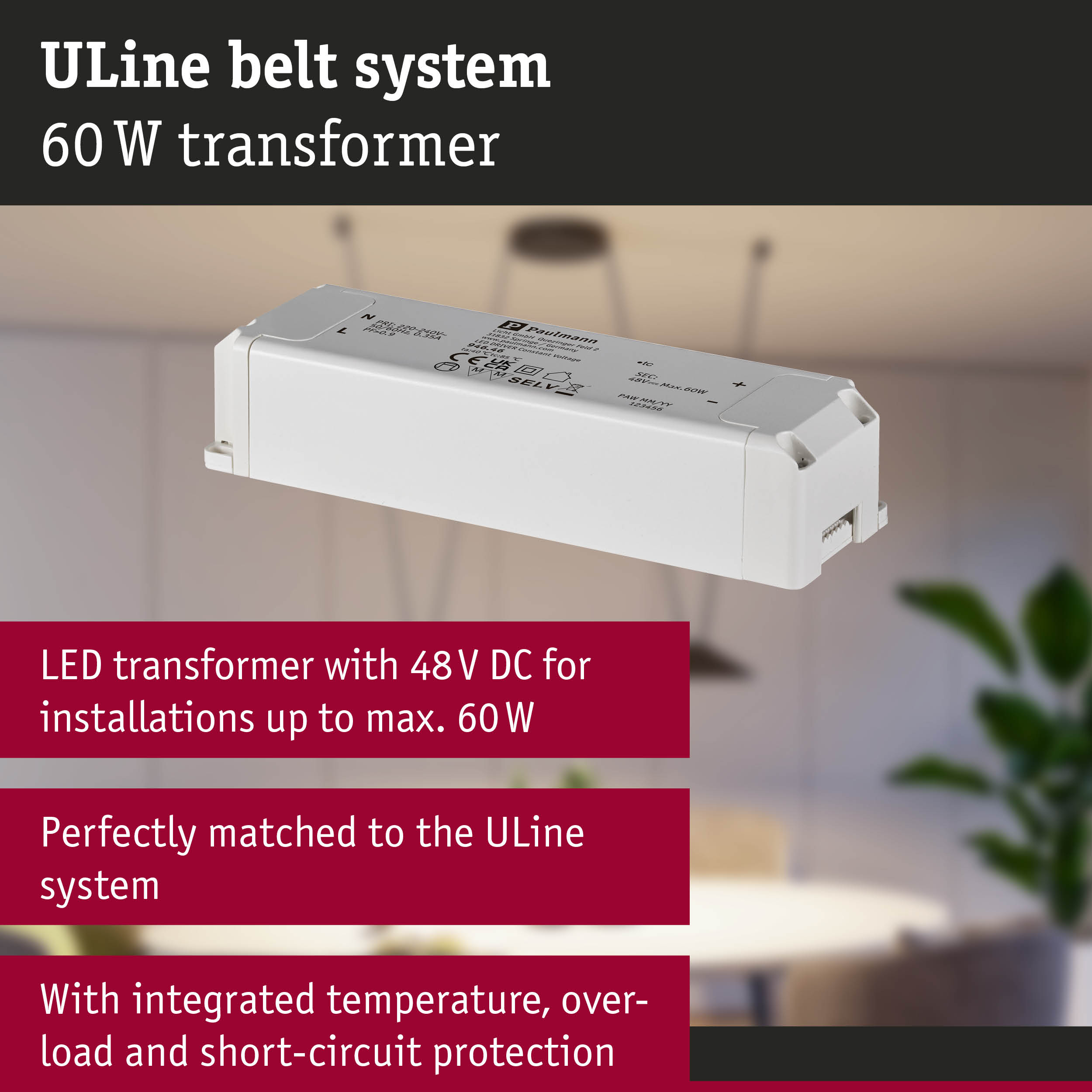 White LED transformer 48V DC 60W for ULine lighting system with integrated temperature and overload protection