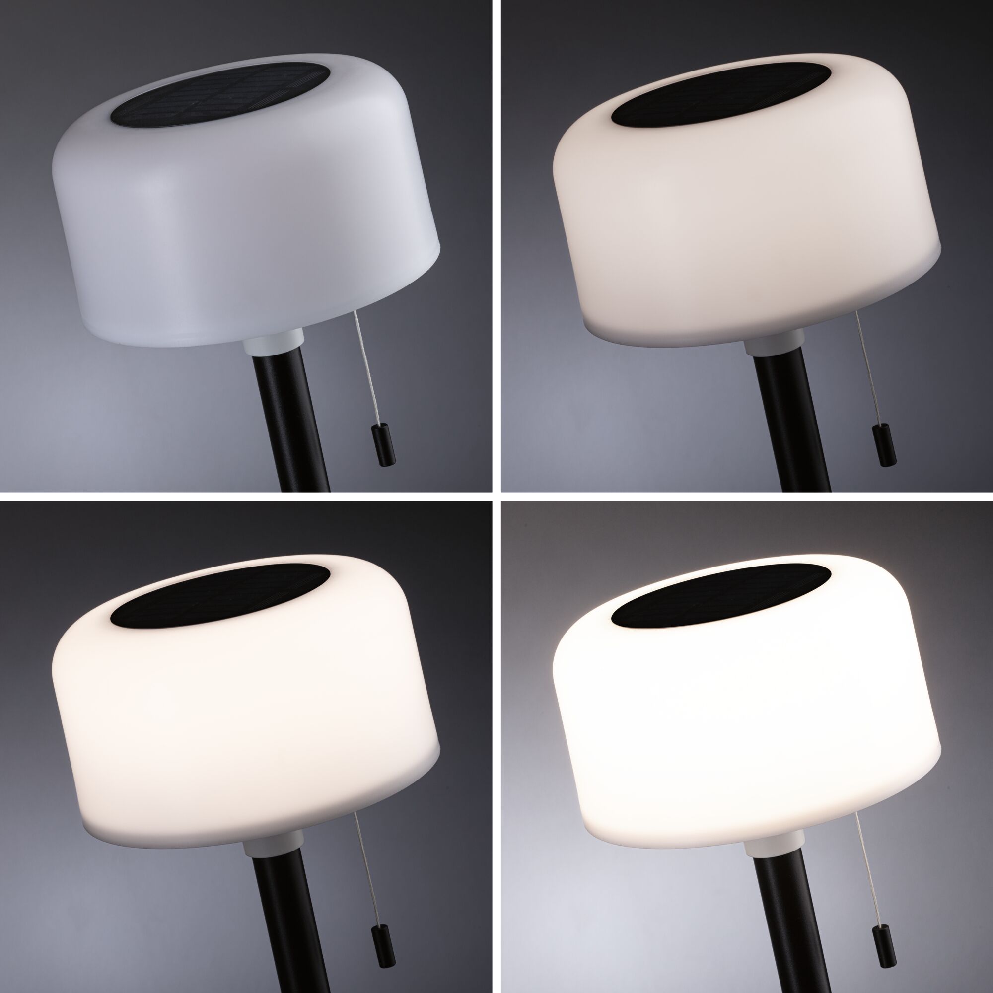 Lampe solaire moderne avec abat-jour en plastique blanc et tige noire, différents niveaux de luminosité.