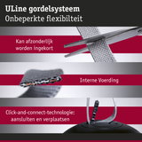Flexibel grijs ULine gordelsysteem met op maat te knippen band en click-and-connect technologie