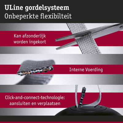 Flexibel grijs ULine gordelsysteem met op maat te knippen band en click-and-connect technologie