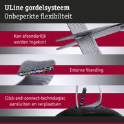 Flexibel grijs ULine gordelsysteem met op maat te knippen band en click-and-connect technologie