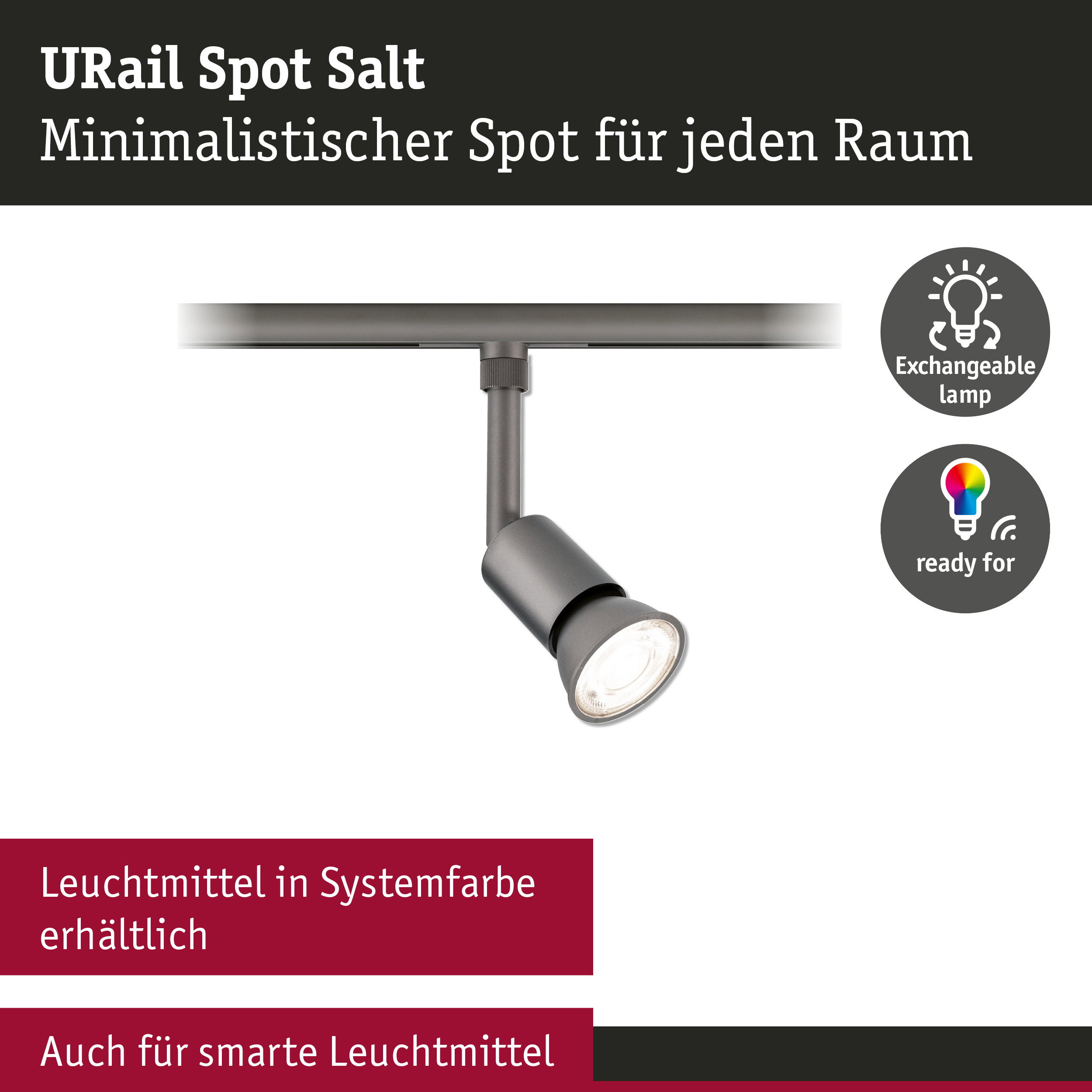 URail Schienenspot Salt GU10 max. 10W dimmbar 230V Titanium