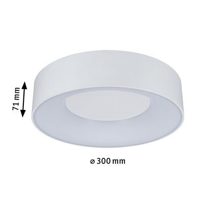 Round white plastic ceiling light with 300 mm diameter and 71 mm height, modern LED lamp design