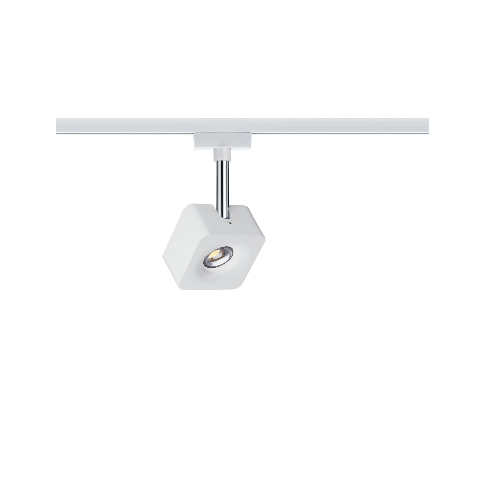 Moderner weißer LED-Spot aus Metall an Schienensystem für flexible Raumbeleuchtung