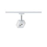 Moderner weißer LED-Spot aus Metall an Schienensystem für flexible Raumbeleuchtung