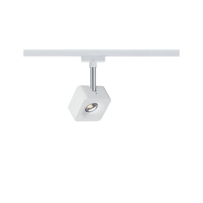 Moderner weißer LED-Spot aus Metall an Schienensystem für flexible Raumbeleuchtung