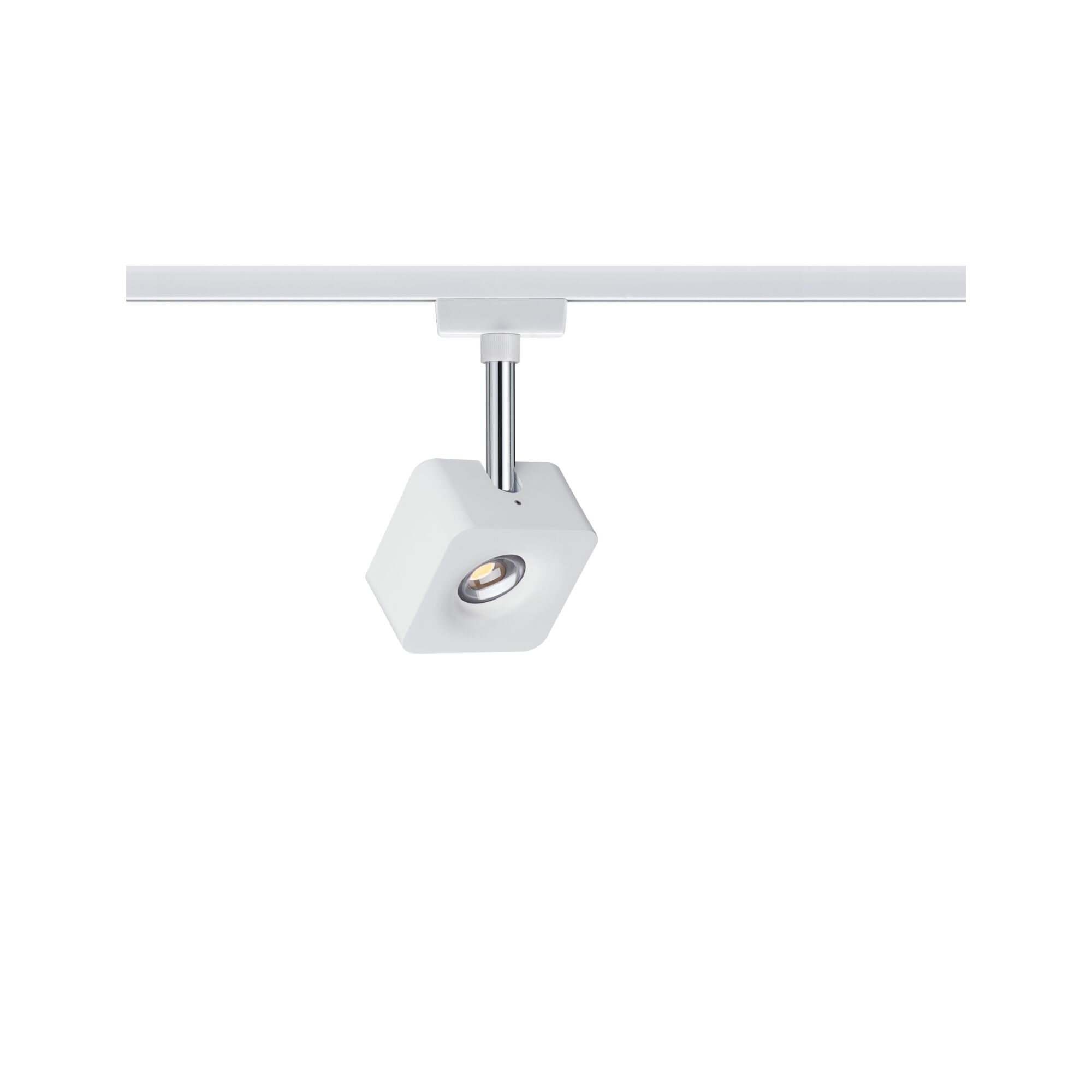 Moderner weißer LED-Spot mit quadratischem Design und verchromtem Stab für flexible Beleuchtung