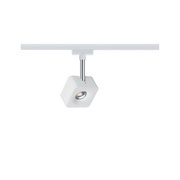 Moderner weißer LED-Spot mit quadratischem Design und verchromtem Stab für flexible Beleuchtung