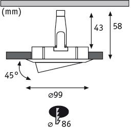 Technical drawing of a recessed spotlight with 99 mm diameter and 45-degree tilt made of metal.