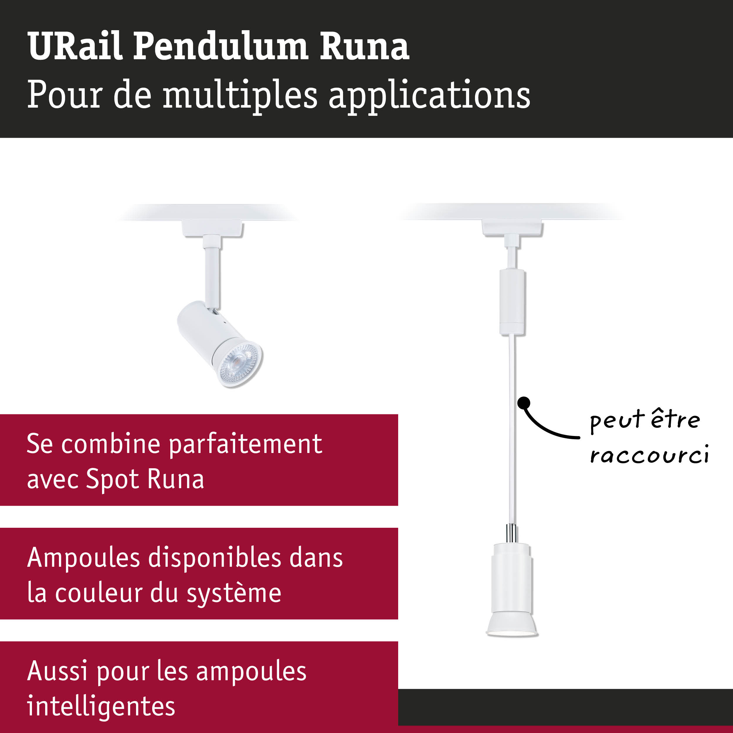 Spot sur rail URail Pendulum Runa blanc avec tête réglable pour un éclairage polyvalent