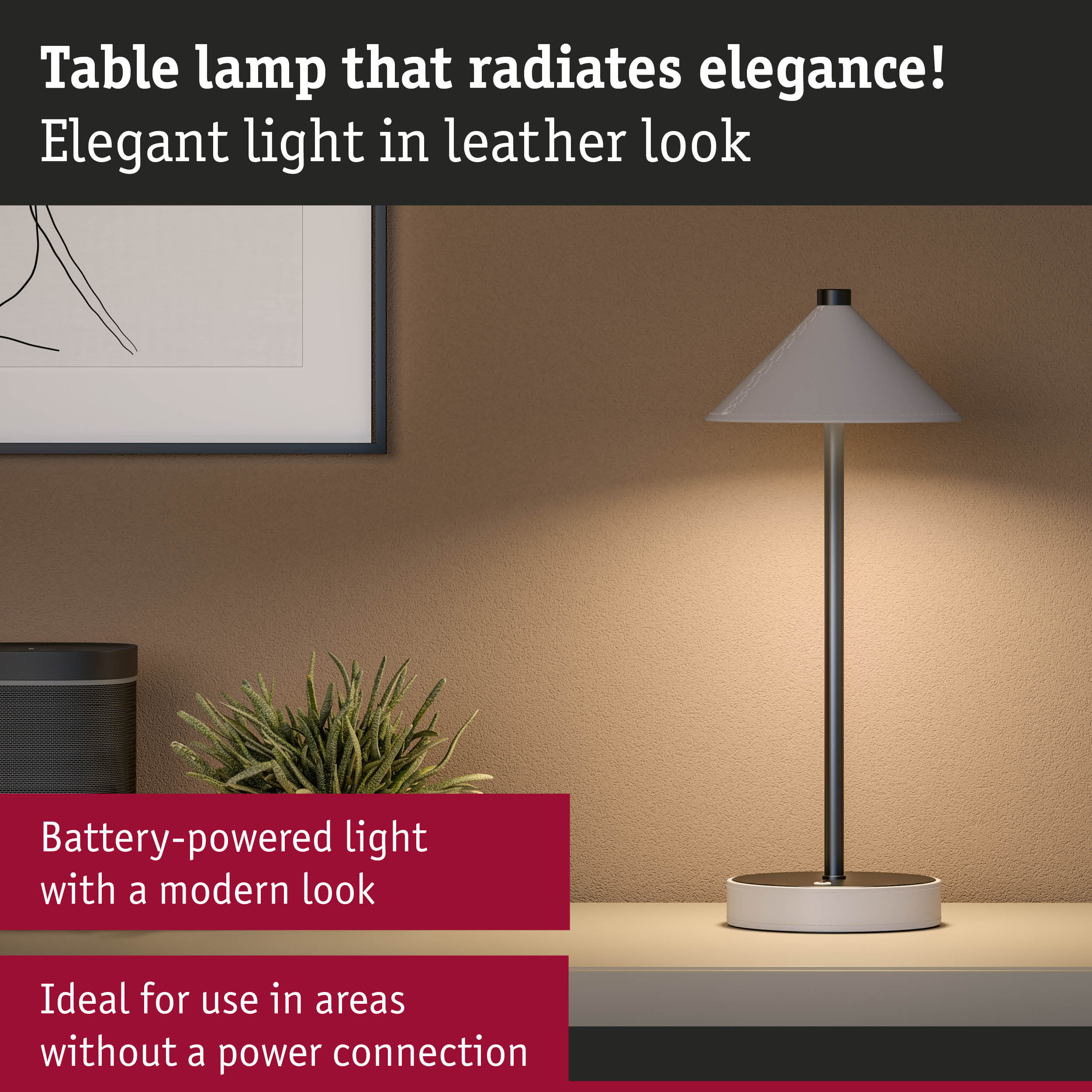 Modern battery-powered grey table lamp with leather look, elegant lighting solution without power connection