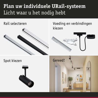 Modulair URail-systeem met zwarte en witte rails, verbindingsstukken en zwarte spots voor woonverlichting