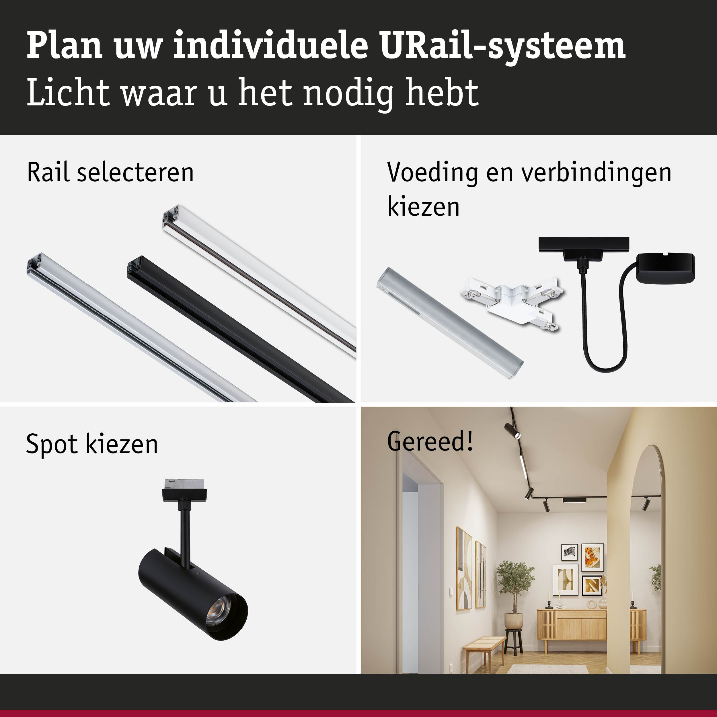 Modulair URail-systeem met aluminium rails in zwart en wit voor flexibele LED-verlichting