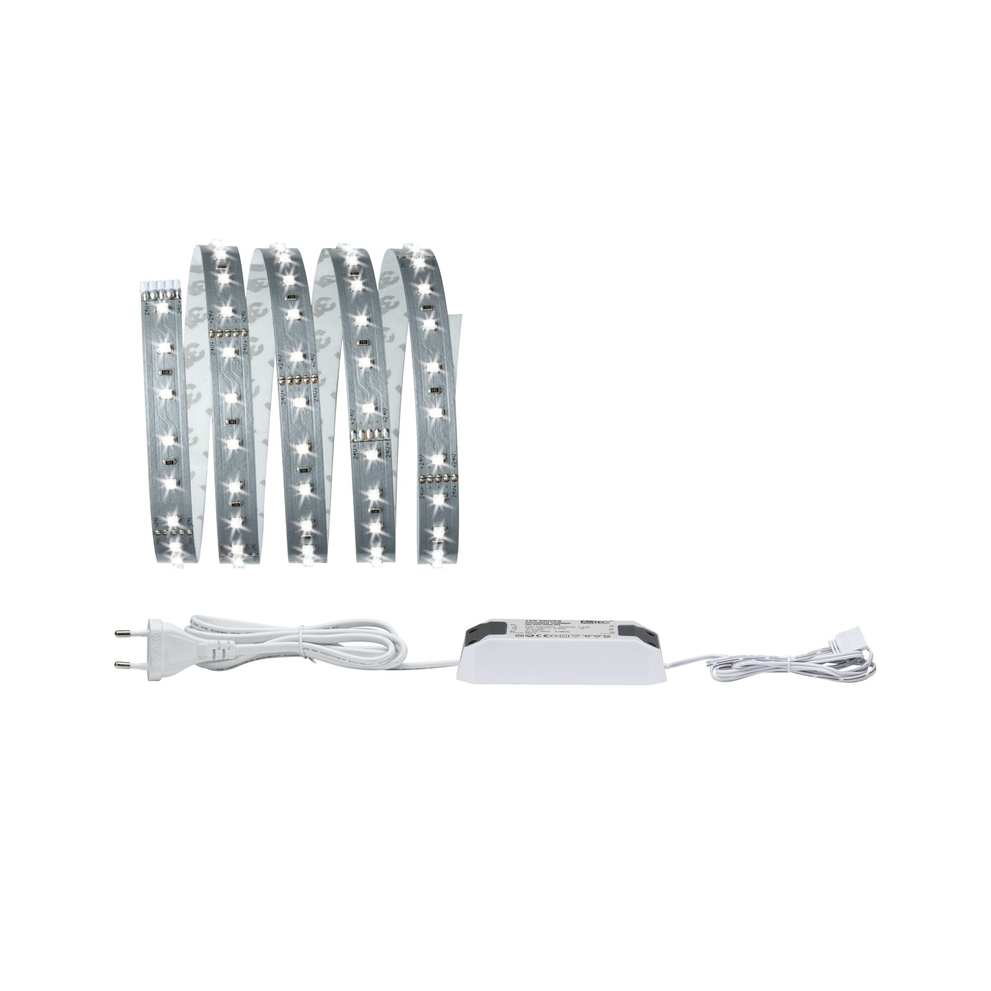 LED strip light with white power plug and white transformer for versatile lighting setups