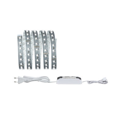 LED strip light with white power plug and white transformer for versatile lighting setups