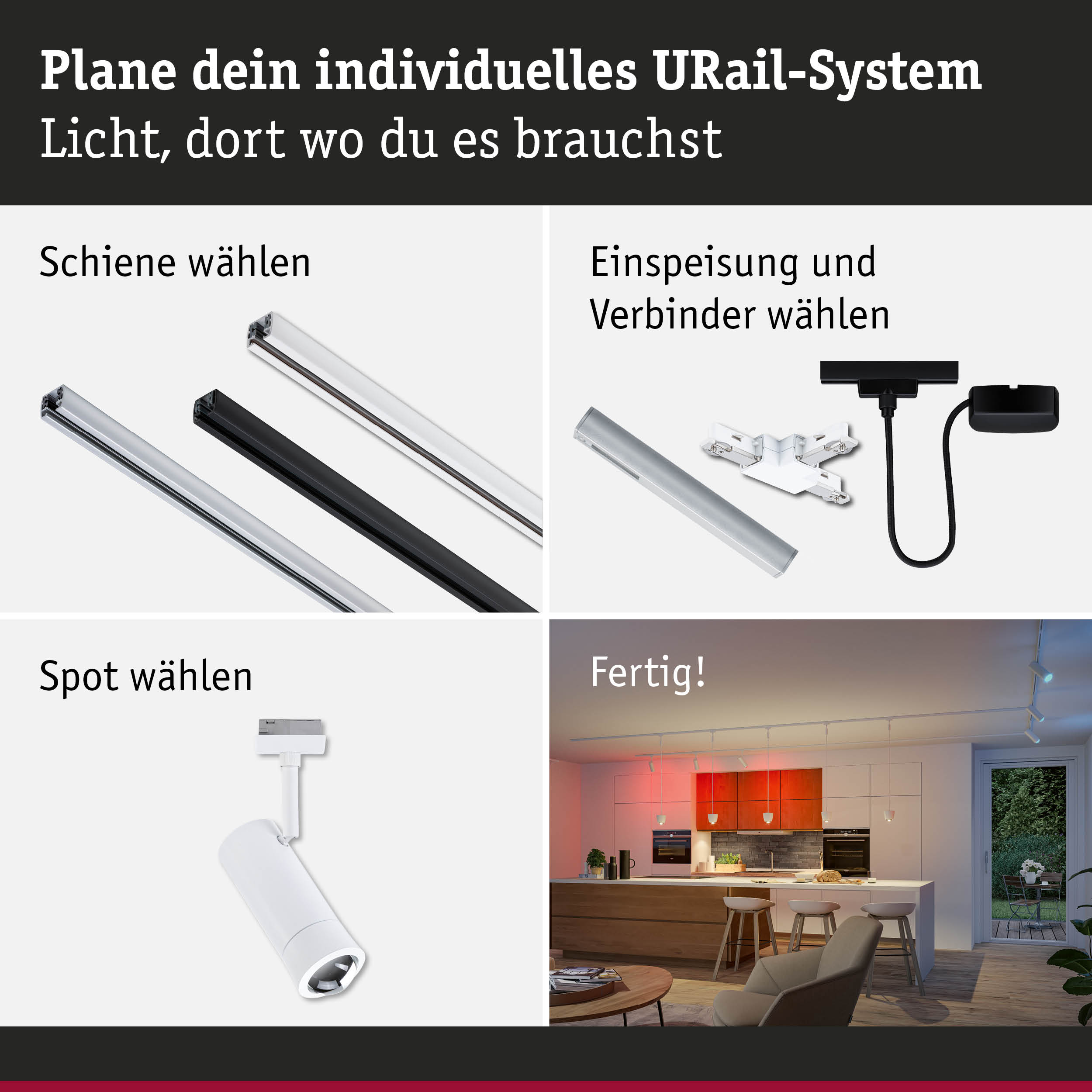 Urail-Schienen und Spots in Weiß und Schwarz mit Steckern für individuelle Lichtplanung im Wohnraum