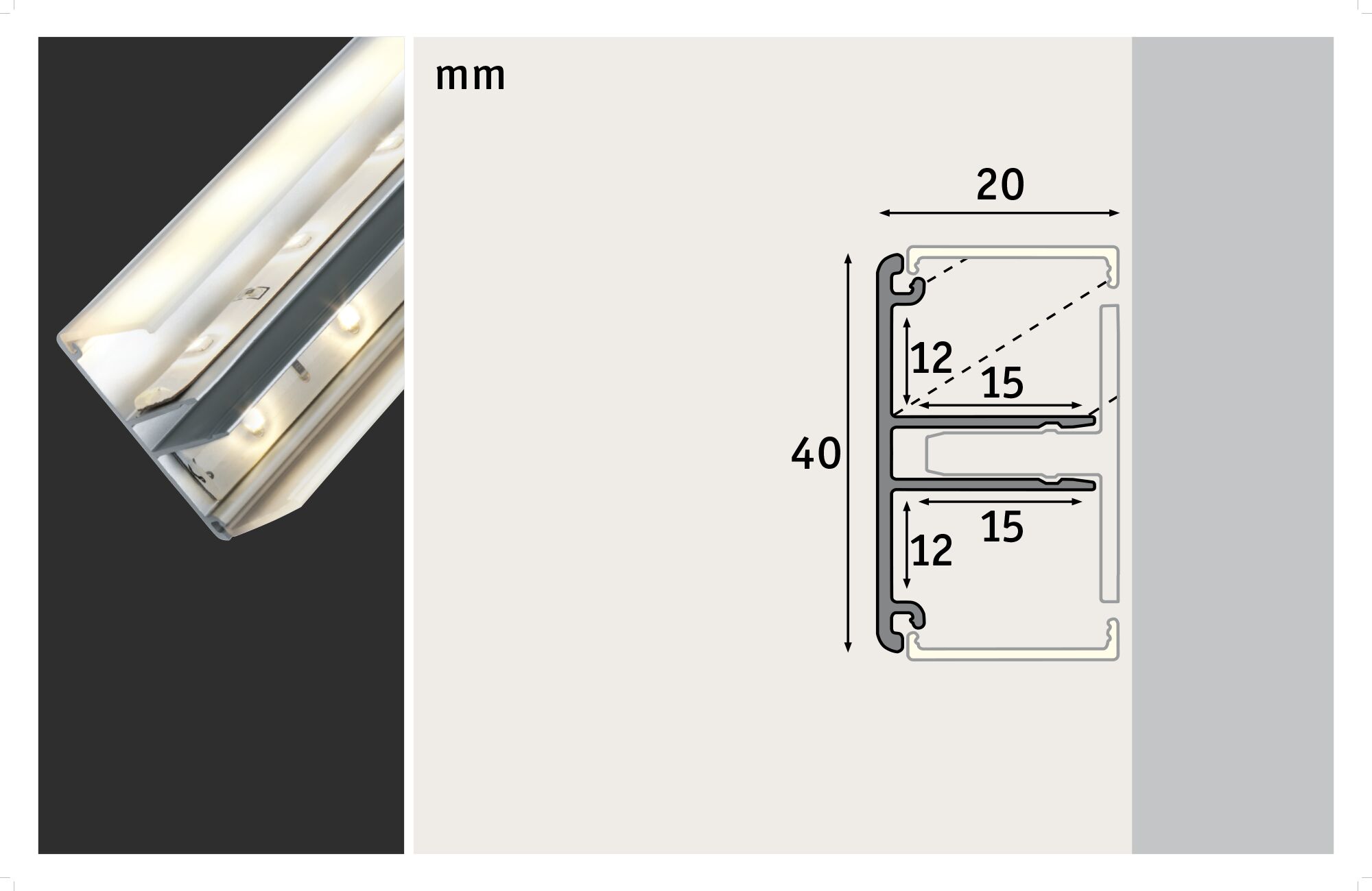 Cross-section of white aluminum LED profile measuring 40x20 mm for LED strip installation