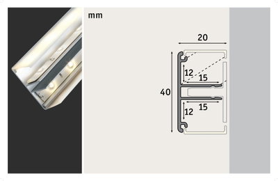 Querschnitt eines weißen Aluminium-LED-Profils mit Maßen 40x20 mm für LED-Streifenmontage