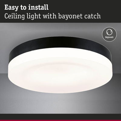 Ceiling light with black rim and white diffuser, easy to install with bayonet catch