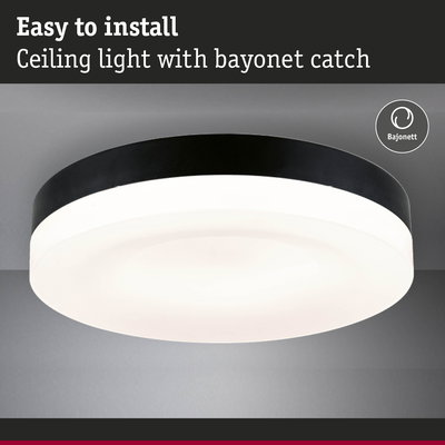 Ceiling light with black rim and white diffuser, easy to install with bayonet catch