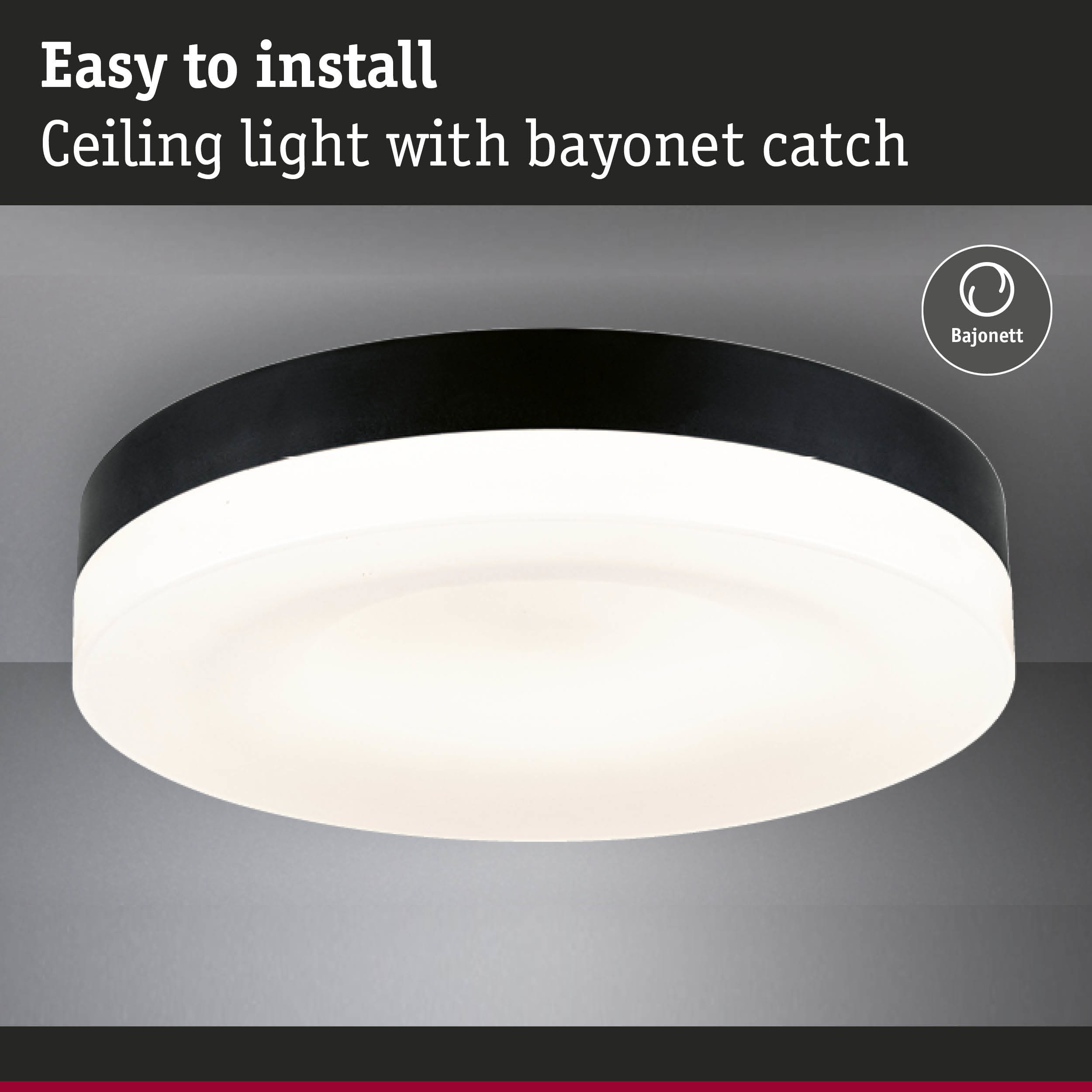 Black ceiling light with white diffuser, easy to install with bayonet catch fitting