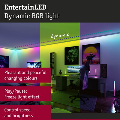 Dynamic RGB LED lighting with pleasant colour changes for gaming and office rooms.