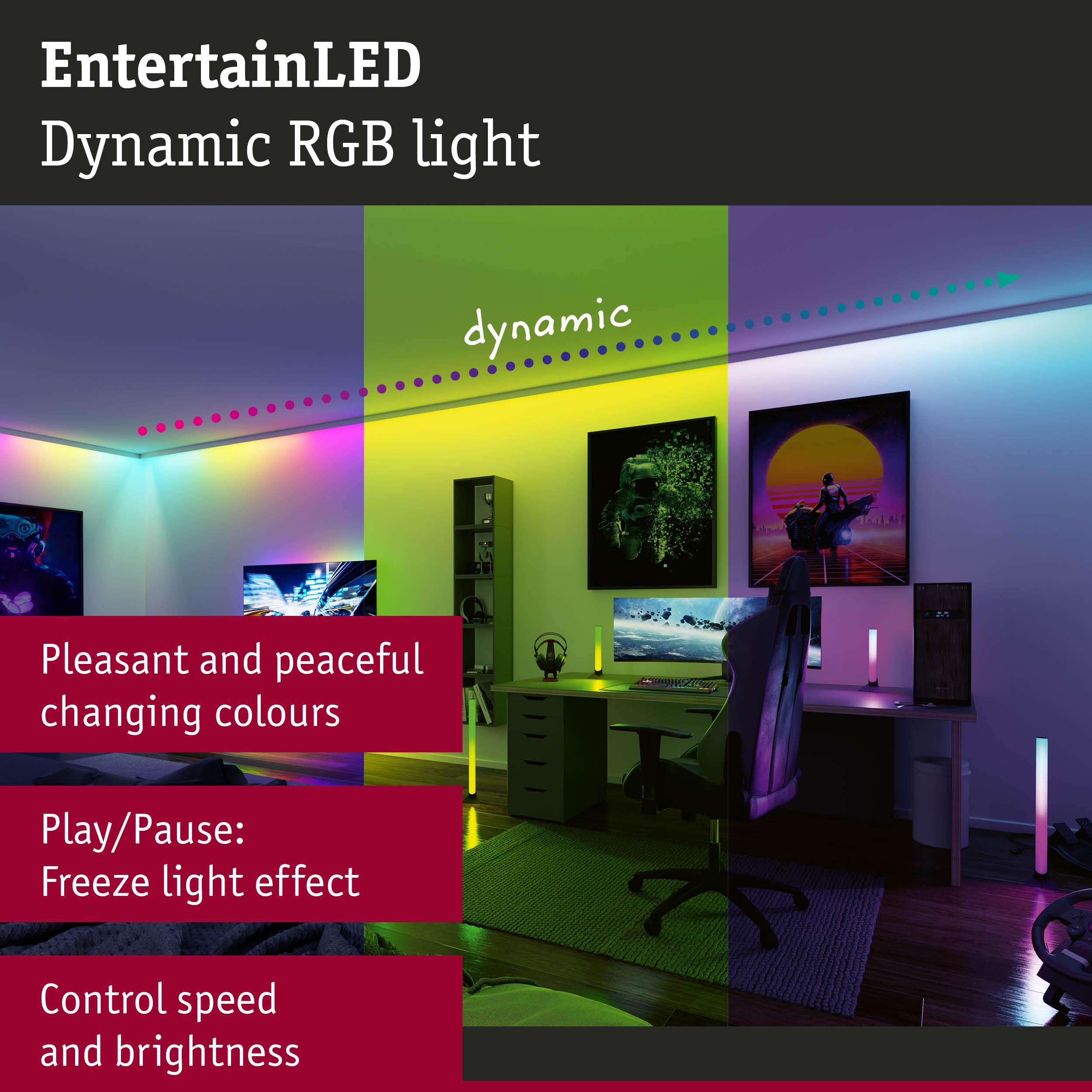 Dynamic RGB LED lighting with pleasant colour changes for gaming and office rooms.