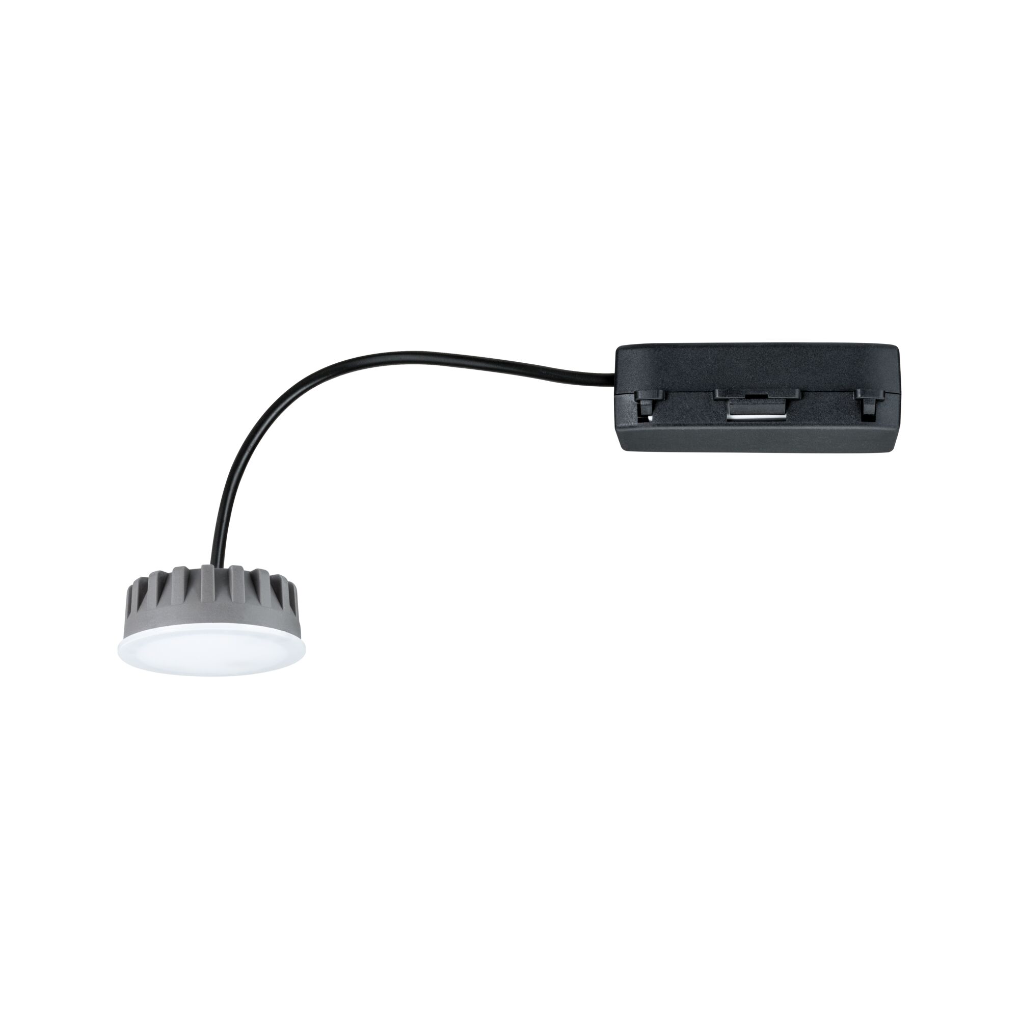 Spot encastré modulaire LED Nova Plus Coin rond 50mm Coin 6W 470lm 230V gradable 2700K Satiné Module LED compact avec boîtier en aluminium gris et câble noir pour éclairage moderne