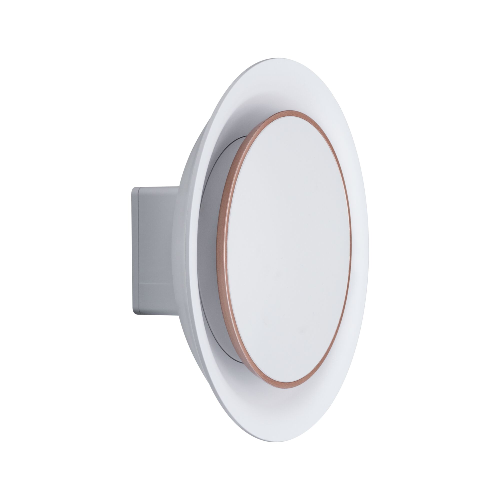 Round white LED wall recessed light with copper-colored edge for modern indoor lighting