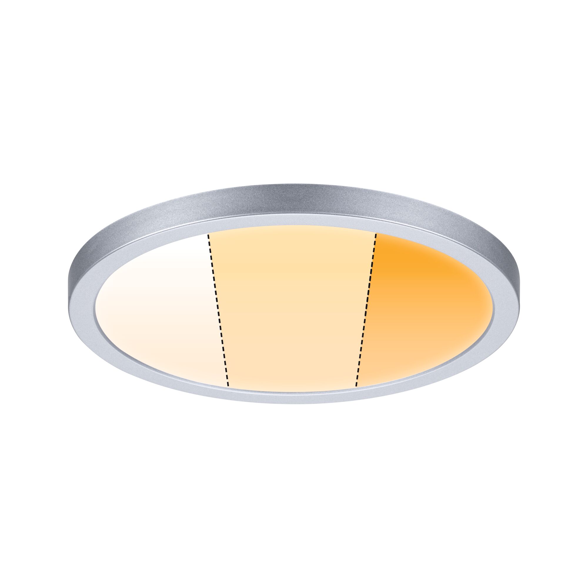 Round LED ceiling light with silver aluminum frame and adjustable color temperature for living spaces