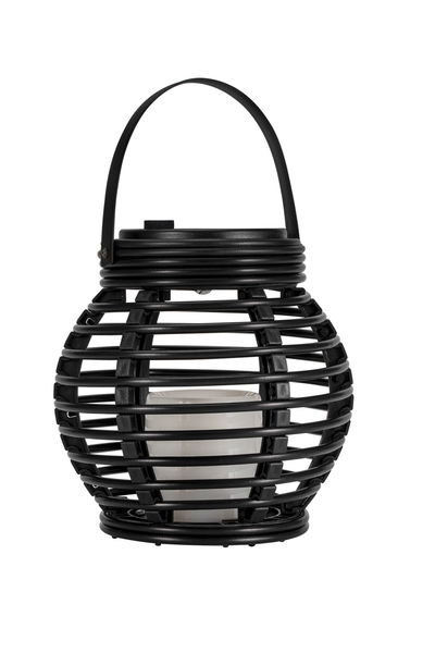 Lanterne en métal noir avec design en grille ronde et verre à bougie blanc pour une ambiance chaleureuse.