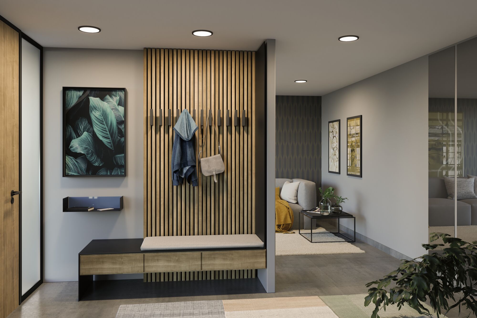 Modernes Wohnzimmer mit eingelassenen LED-Deckenleuchten in weißer Decke und Holzpaneel-Wand.