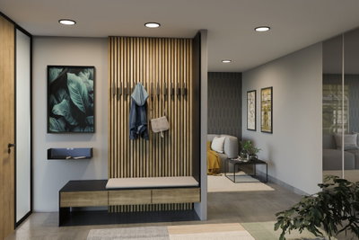 Modernes Wohnzimmer mit eingelassenen LED-Deckenleuchten in weißer Decke und Holzpaneel-Wand.