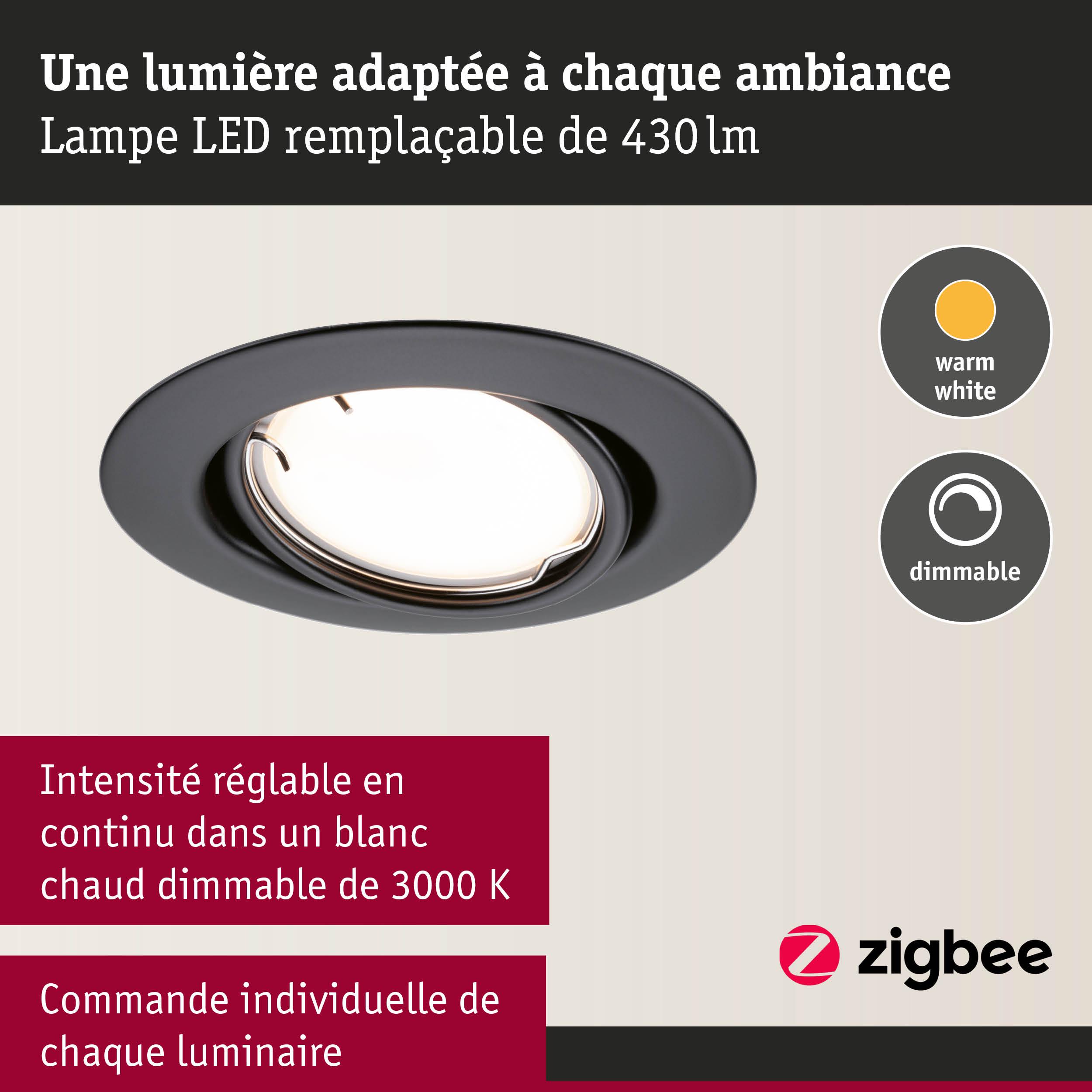 Spot LED encastré noir avec lumière blanche chaude dimmable et commande Zigbee