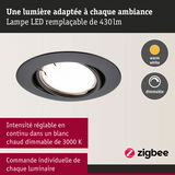 Spot LED encastré noir avec lumière blanche chaude dimmable et commande Zigbee