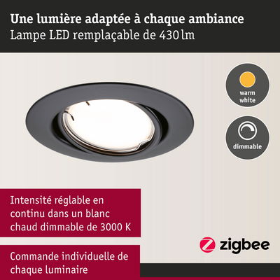 Spot LED encastré noir avec lumière blanche chaude dimmable et commande Zigbee