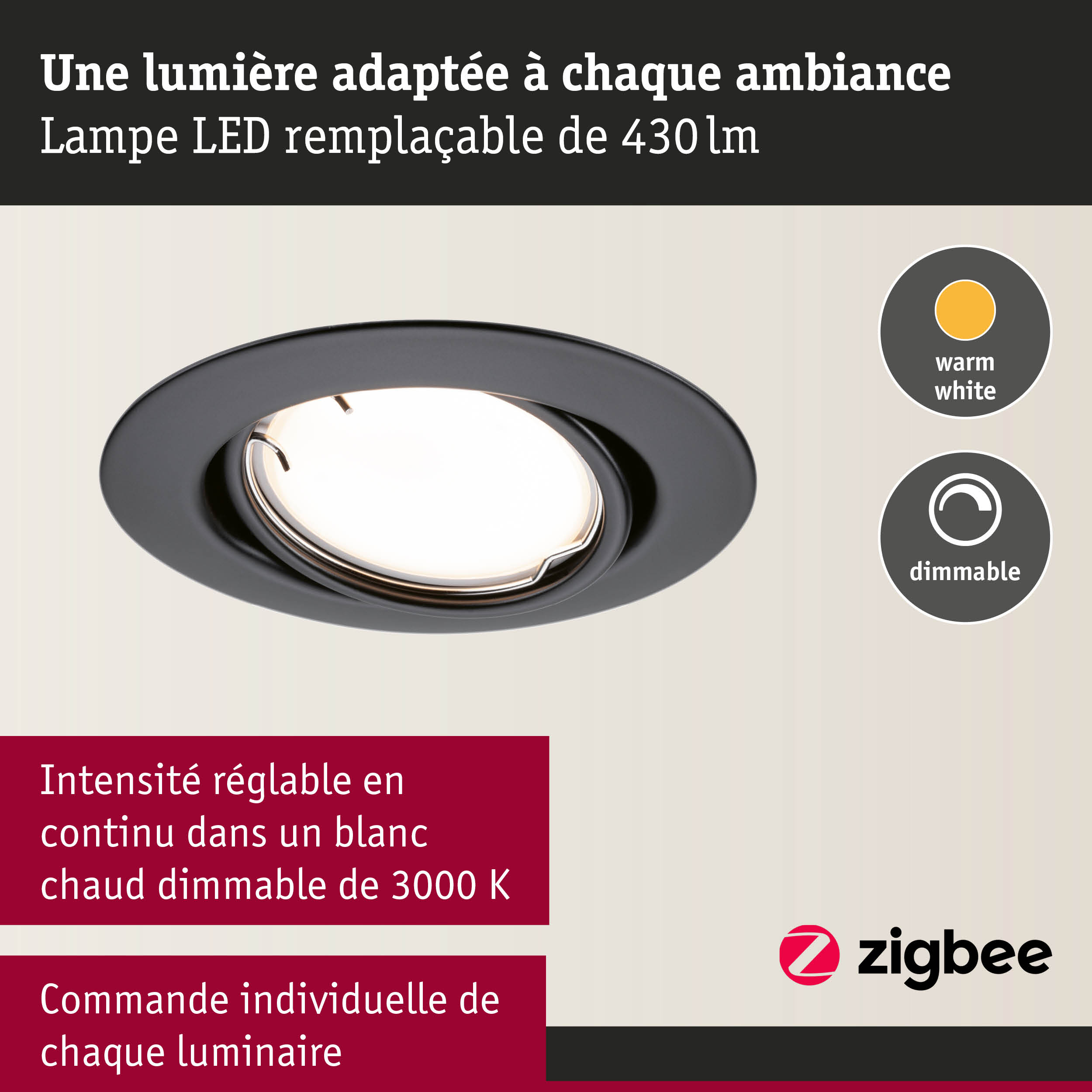 Spot LED encastrable noir avec lumière blanche chaude dimmable de 430 lumens