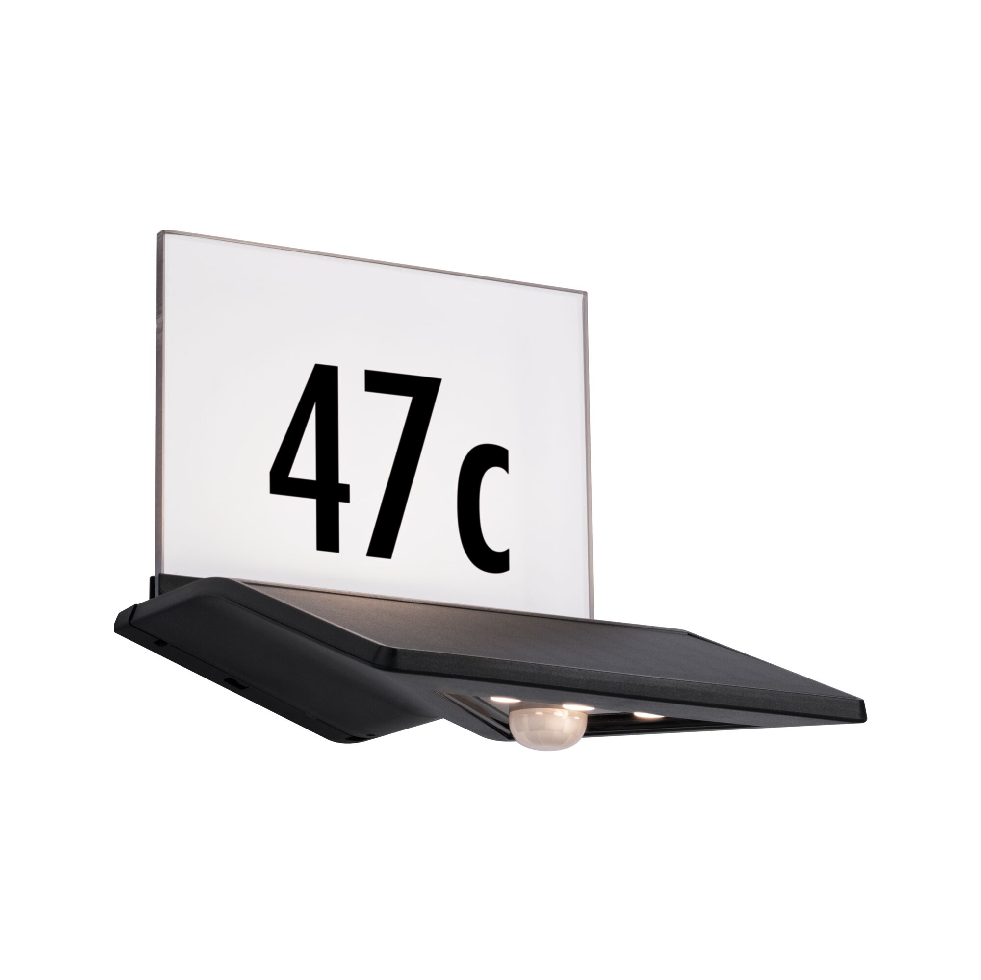 Solar LED Hausnummernleuchte Yoko Dämmerungsgesteuerter Bewegungsmelder (IR) IP44 3000K 42lm Anthrazit Schwarze LED-Hausnummernleuchte mit weißem Schild und Bewegungsmelder für Außenbereiche