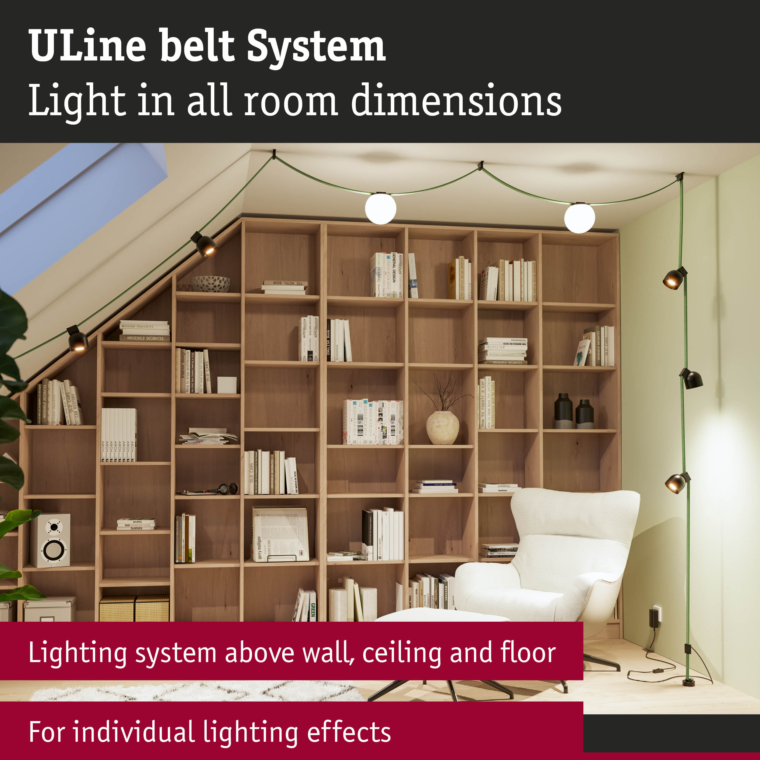 ULine Belt System with green cable track and black spotlights in modern living room with bookshelf