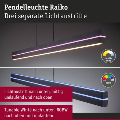 Pendelleuchte Raiko in Schwarz mit drei separaten Lichtaustritten und RGBW sowie Tunable White Licht.
