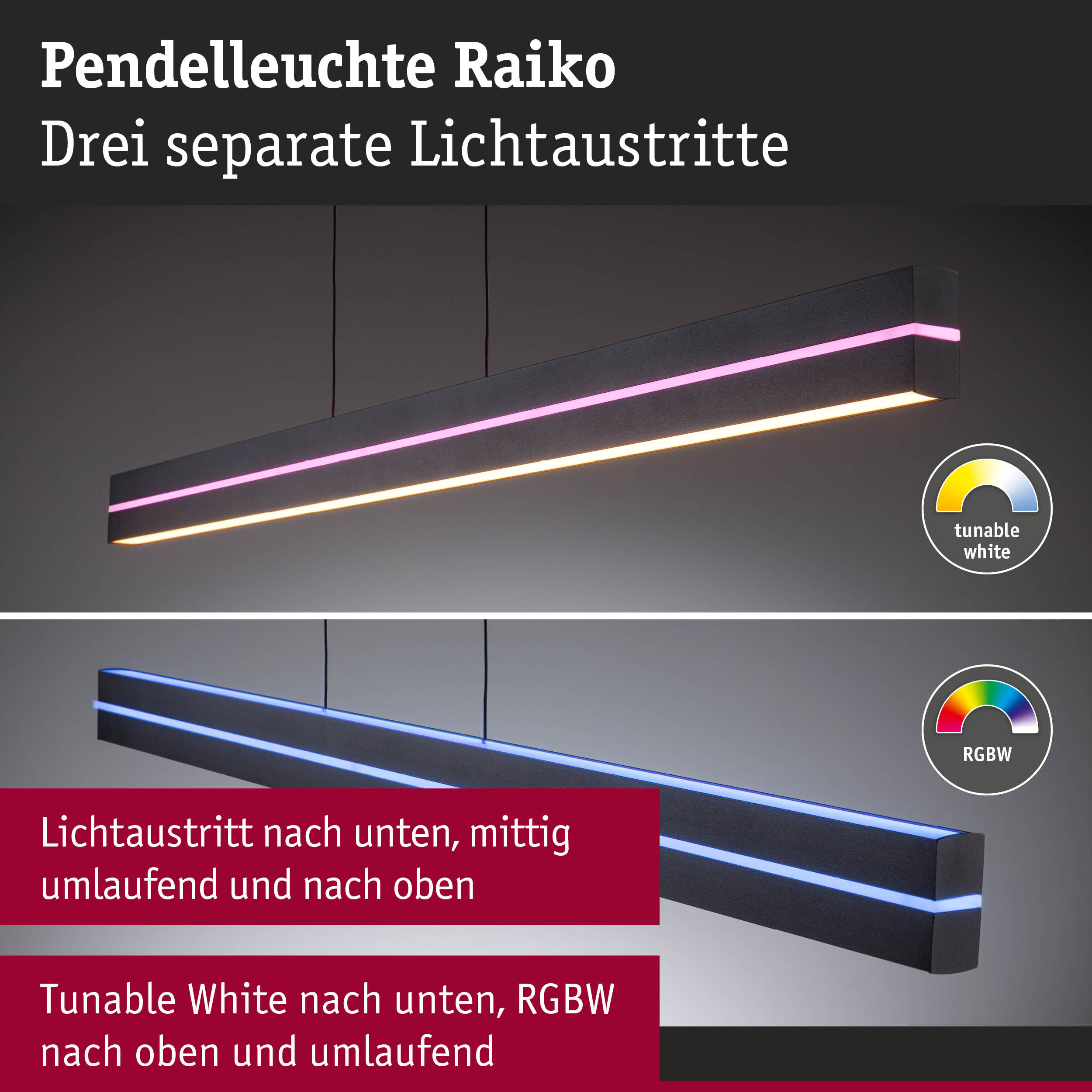 Pendelleuchte Raiko in Schwarz mit drei Lichtstreifen in RGBW und Tunable White für moderne Beleuchtung
