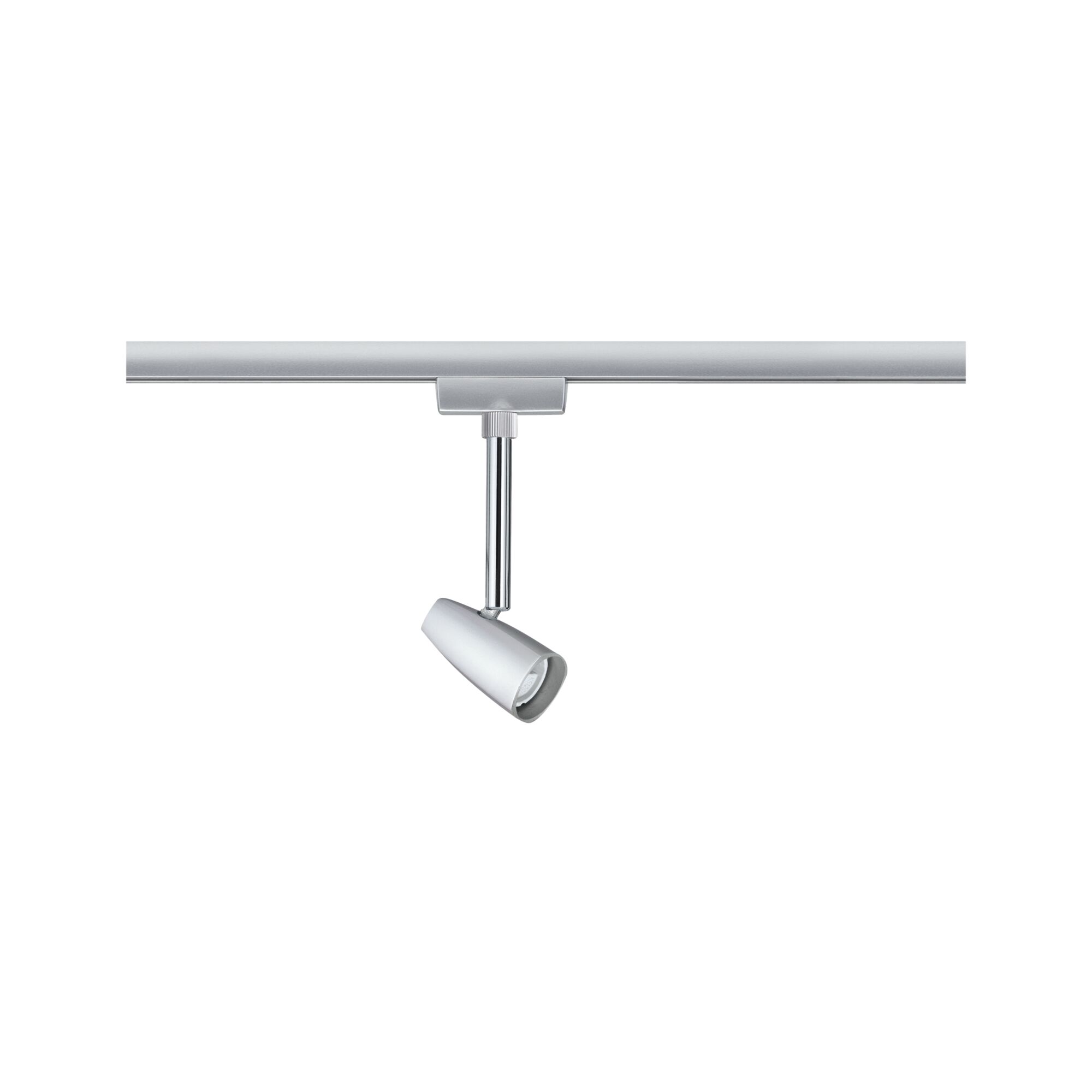 Moderner silberner LED-Strahler aus Metall an Schienensystem für flexible Beleuchtung