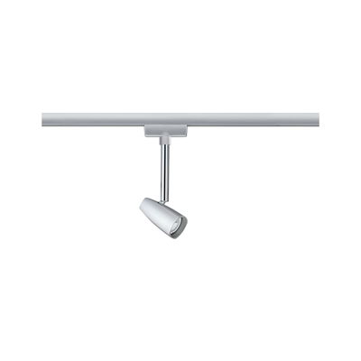 Moderner silberner LED-Strahler aus Metall an Schienensystem für flexible Beleuchtung
