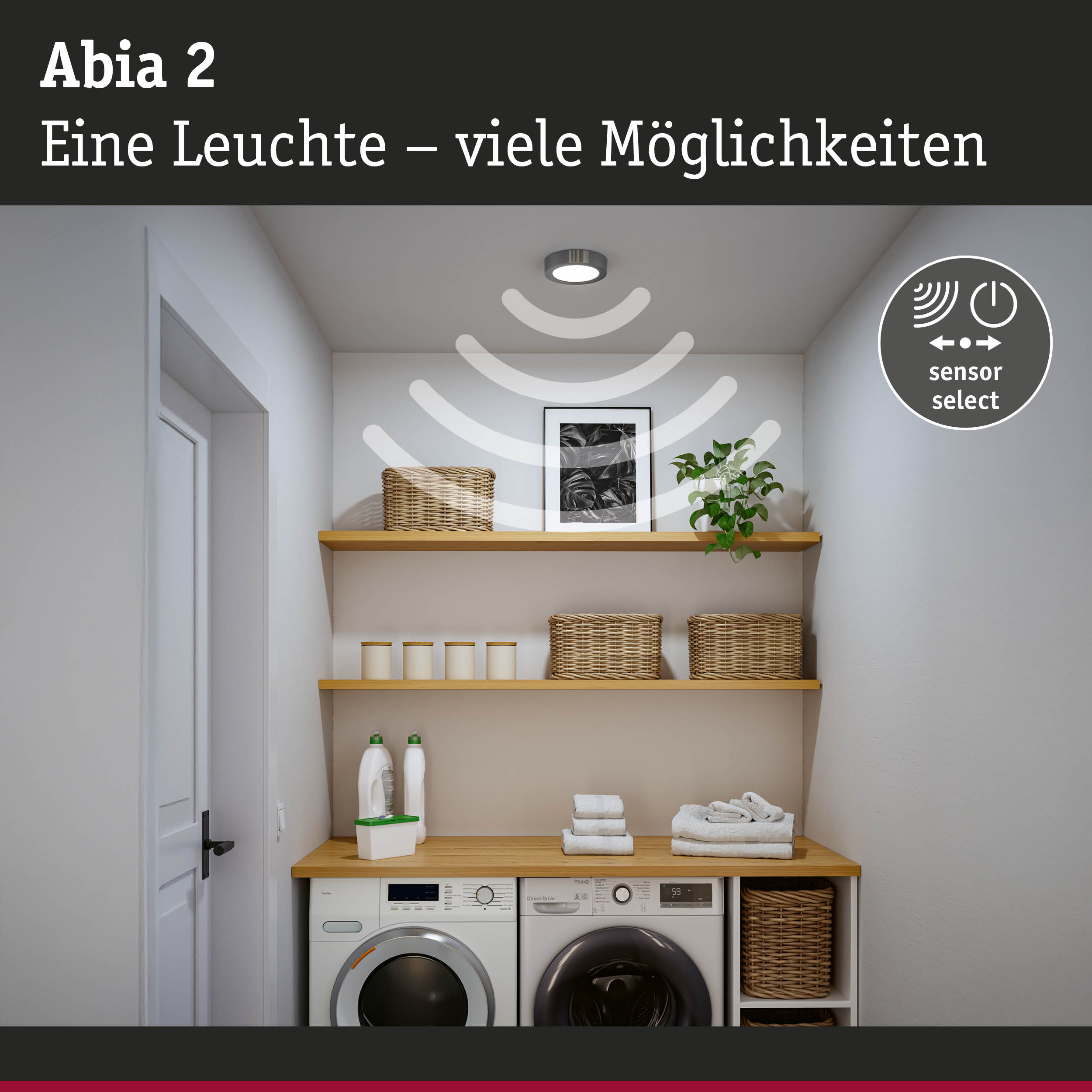 Abia 2 LED-Deckenleuchte in Edelstahl mit Sensorfunktion über Waschmaschine und Regalen im Waschraum