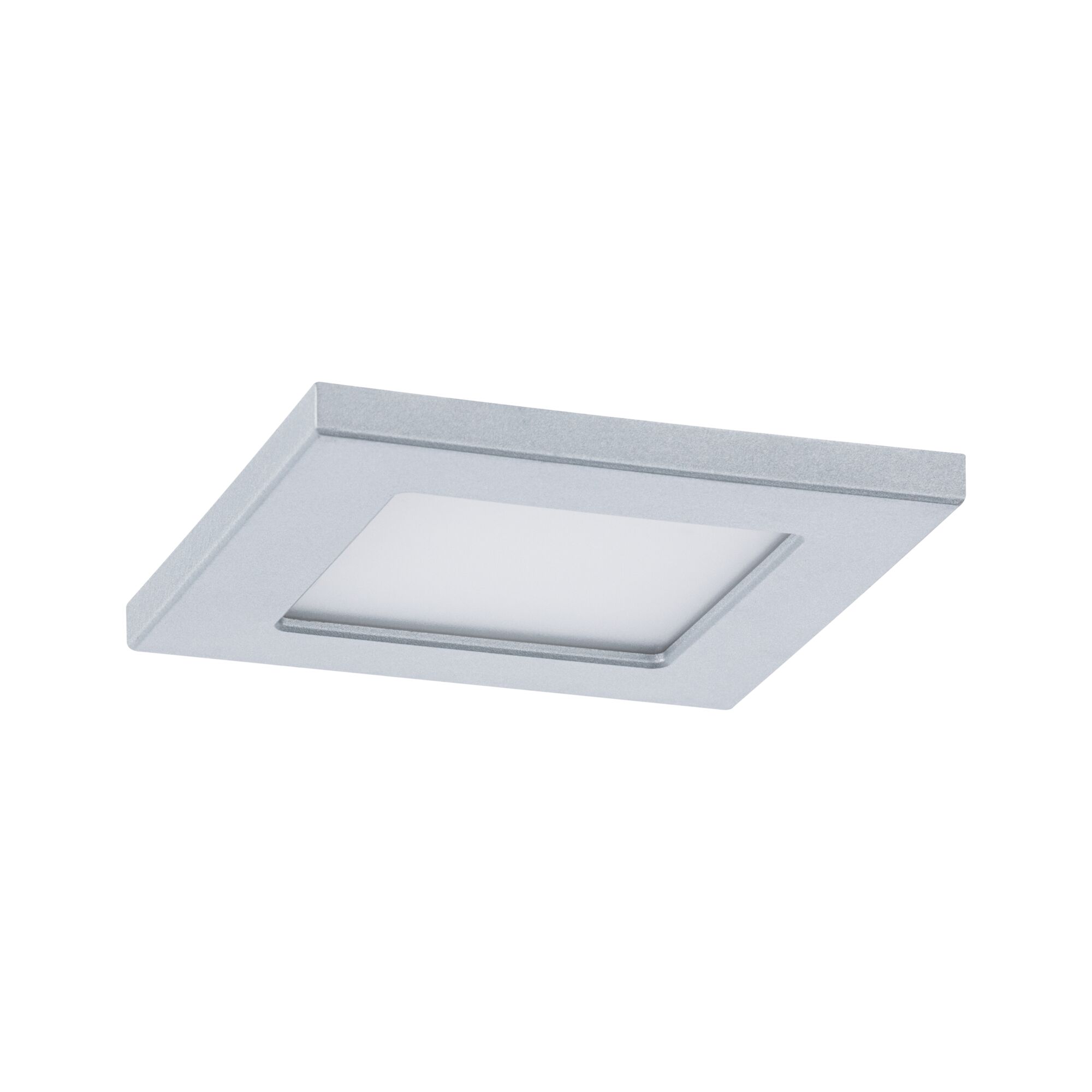 Quadratischer LED-Einbaustrahler in silberfarbenem Aluminium mit weißem Diffusor für moderne Beleuchtung