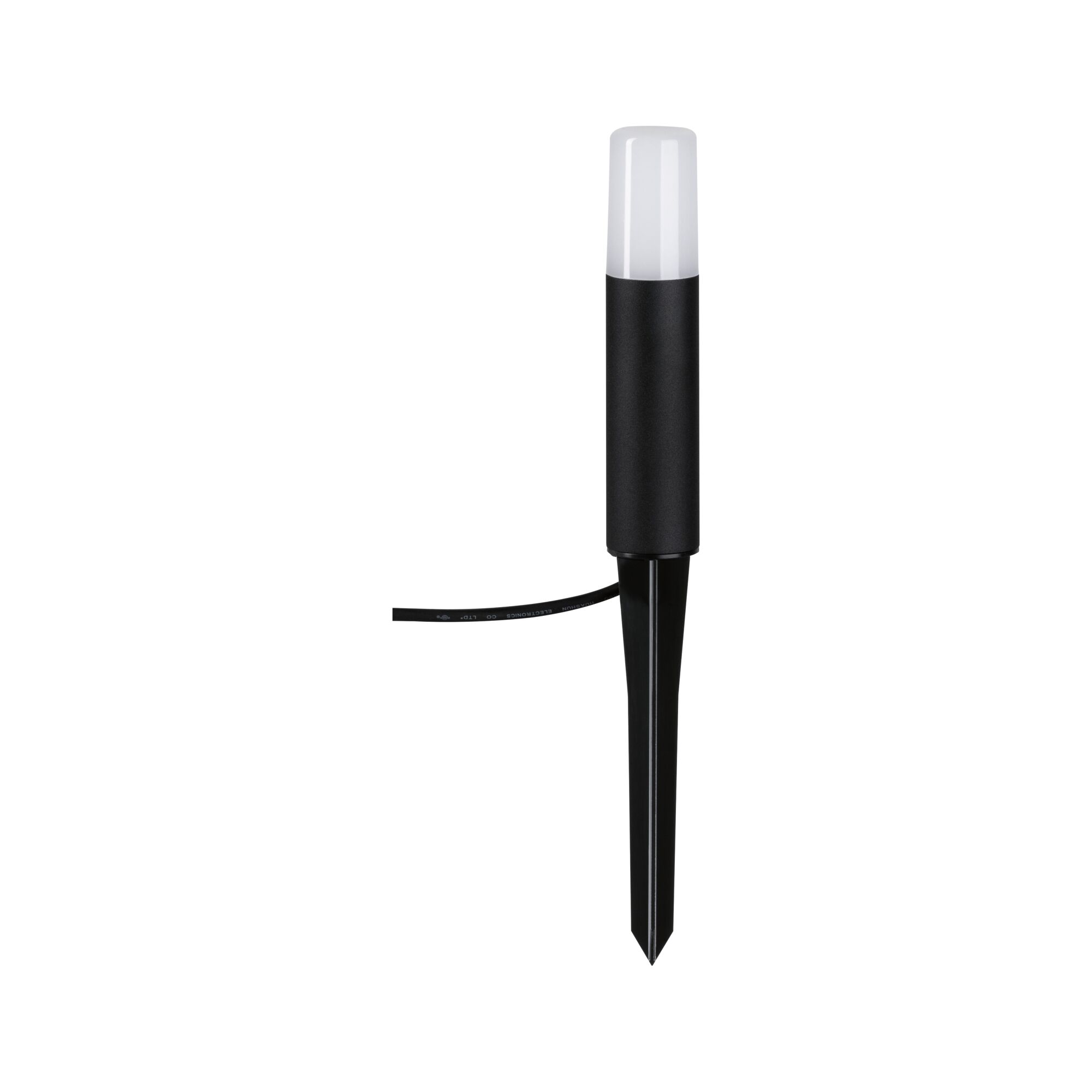Black LED garden light with white diffuser and plastic ground spike for outdoor lighting