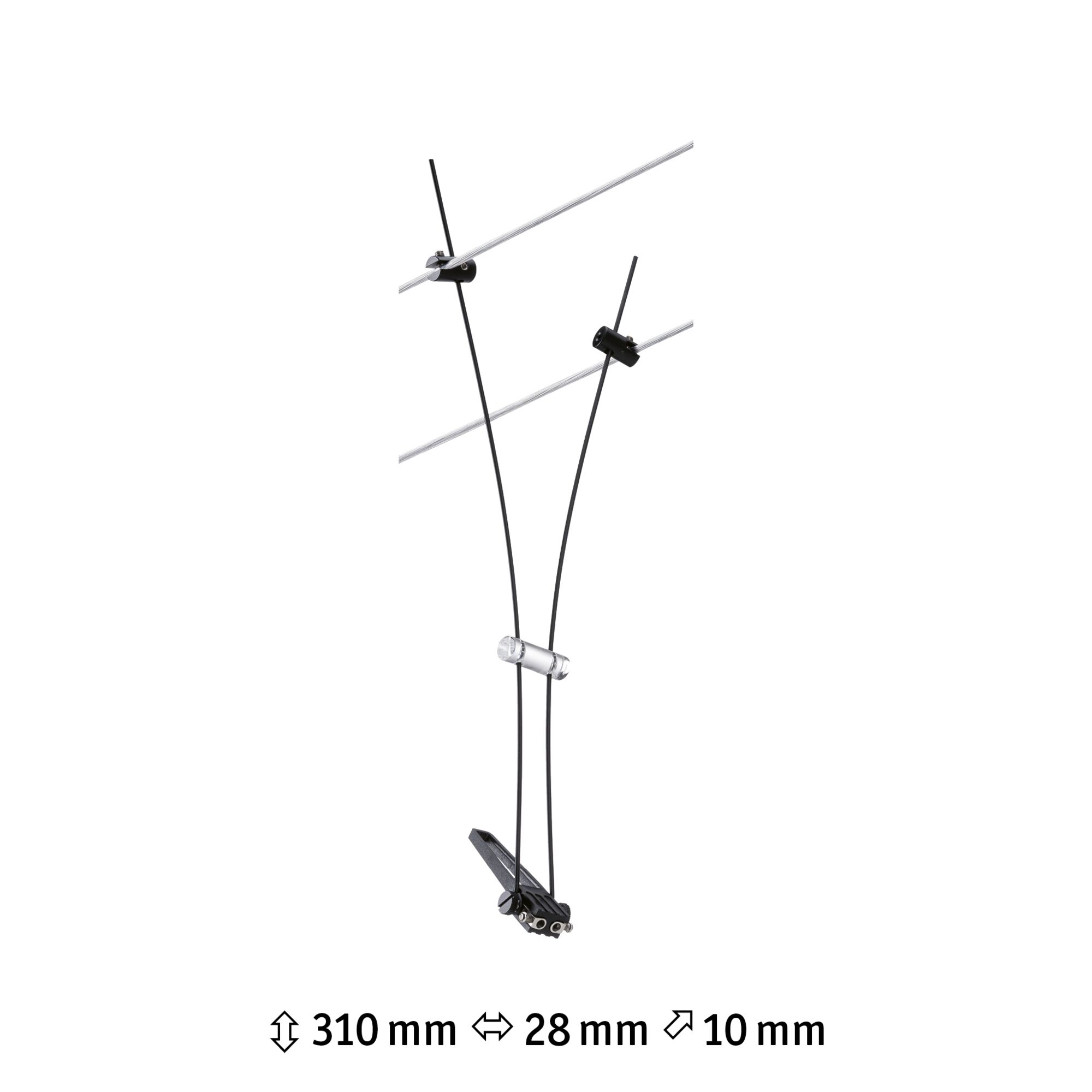 Black cable wire with mount and transparent cylinder, dimensions 310x28x10 mm, lighting component