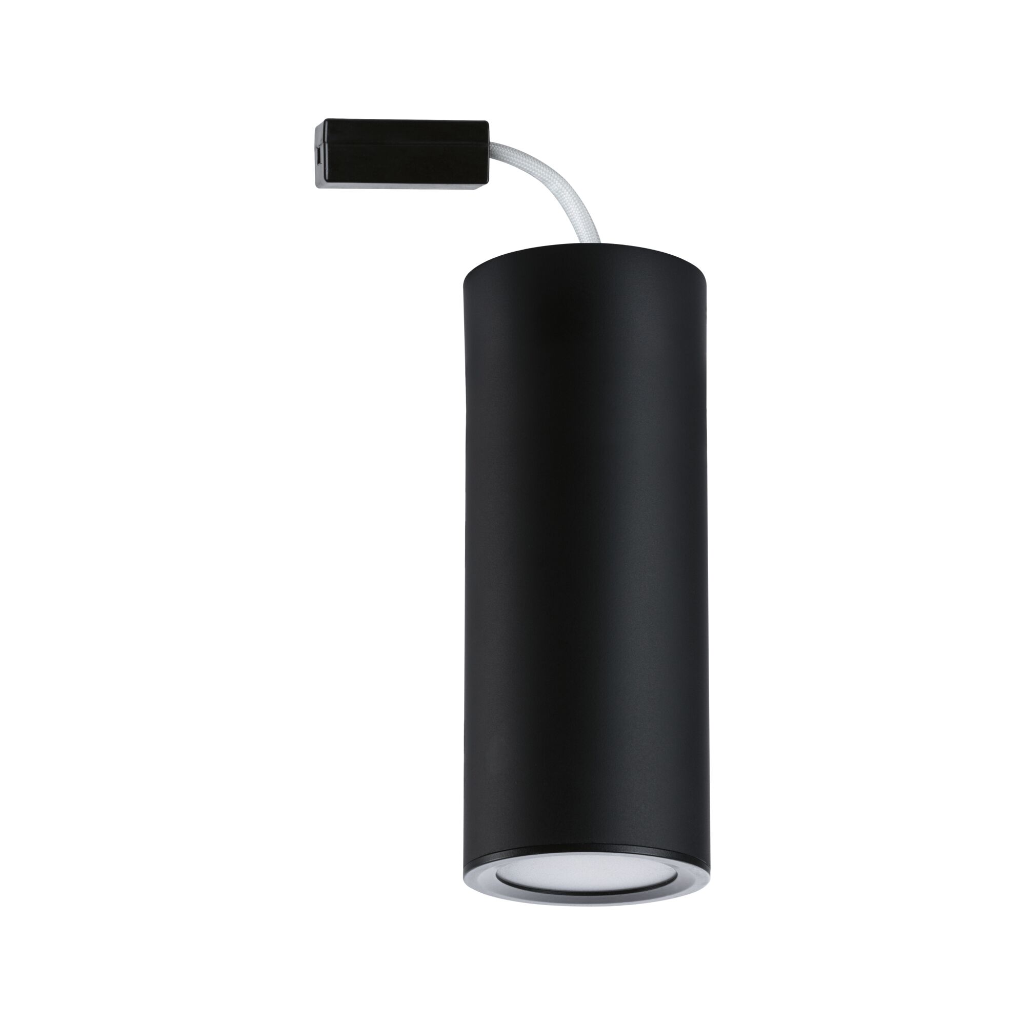 Black cylindrical metal LED ceiling light with white cable for modern indoor lighting